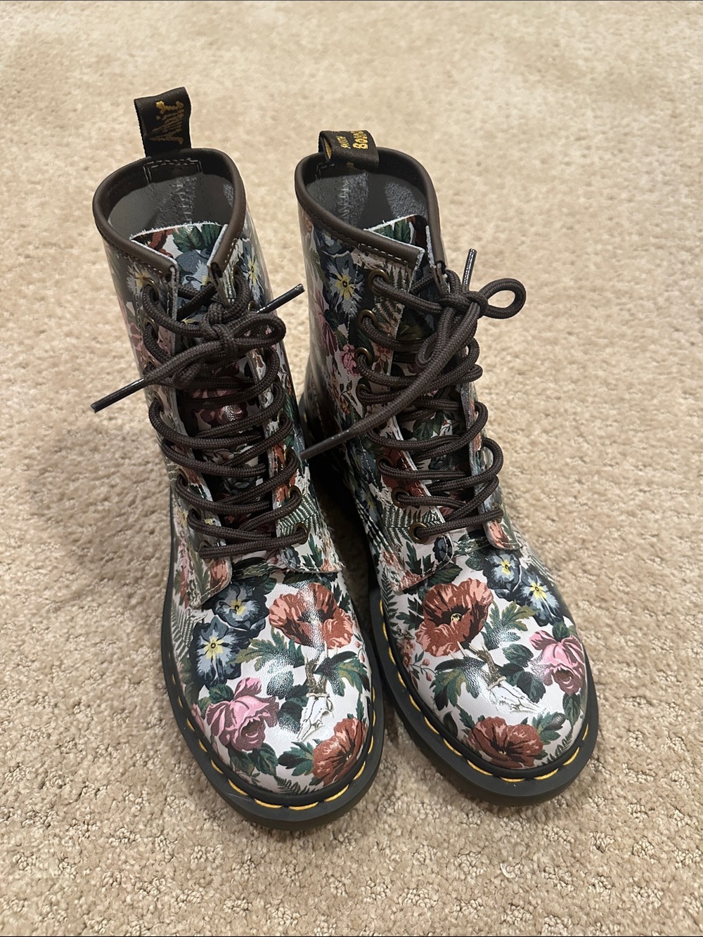Dr. Martens Floral Lace-Up Boots in White, Pink, Green, Brown